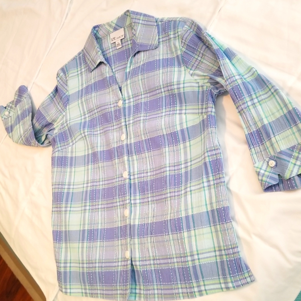 Plaid crinkle cotton blouse from The Tog Shop, size Large